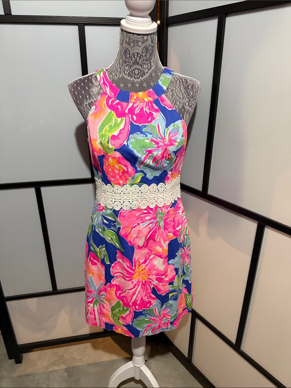Vibrant Blue Halter Mini Dress with Pink Floral Print